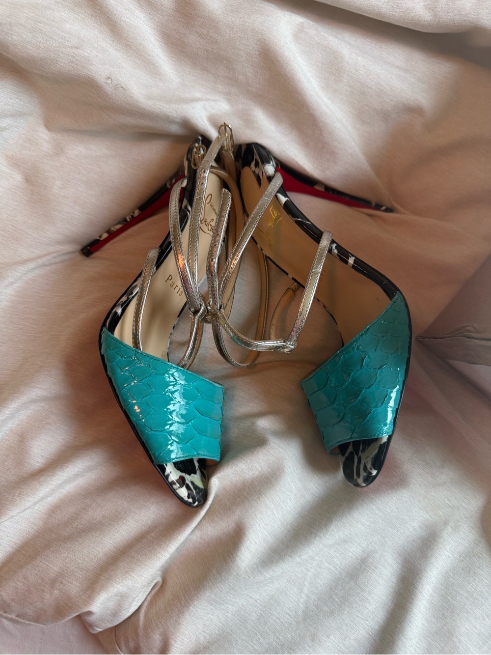 Women's Teal Snakeskin Open-Toe Ankle-Strap Heels